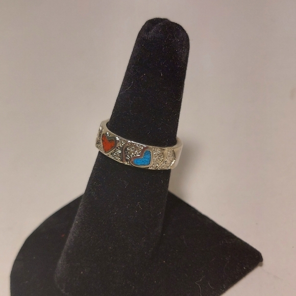 Vintage Silver Ring Crushed Turquoise & Coral Hearts Ring Size 7 Signed - Picture 3 of 11